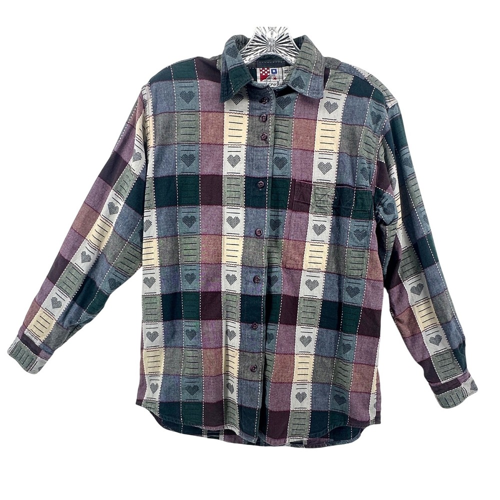 VTG Citi Craze Women M Plaid Heart Patchwork Button Down Shirt Cotton Cottage